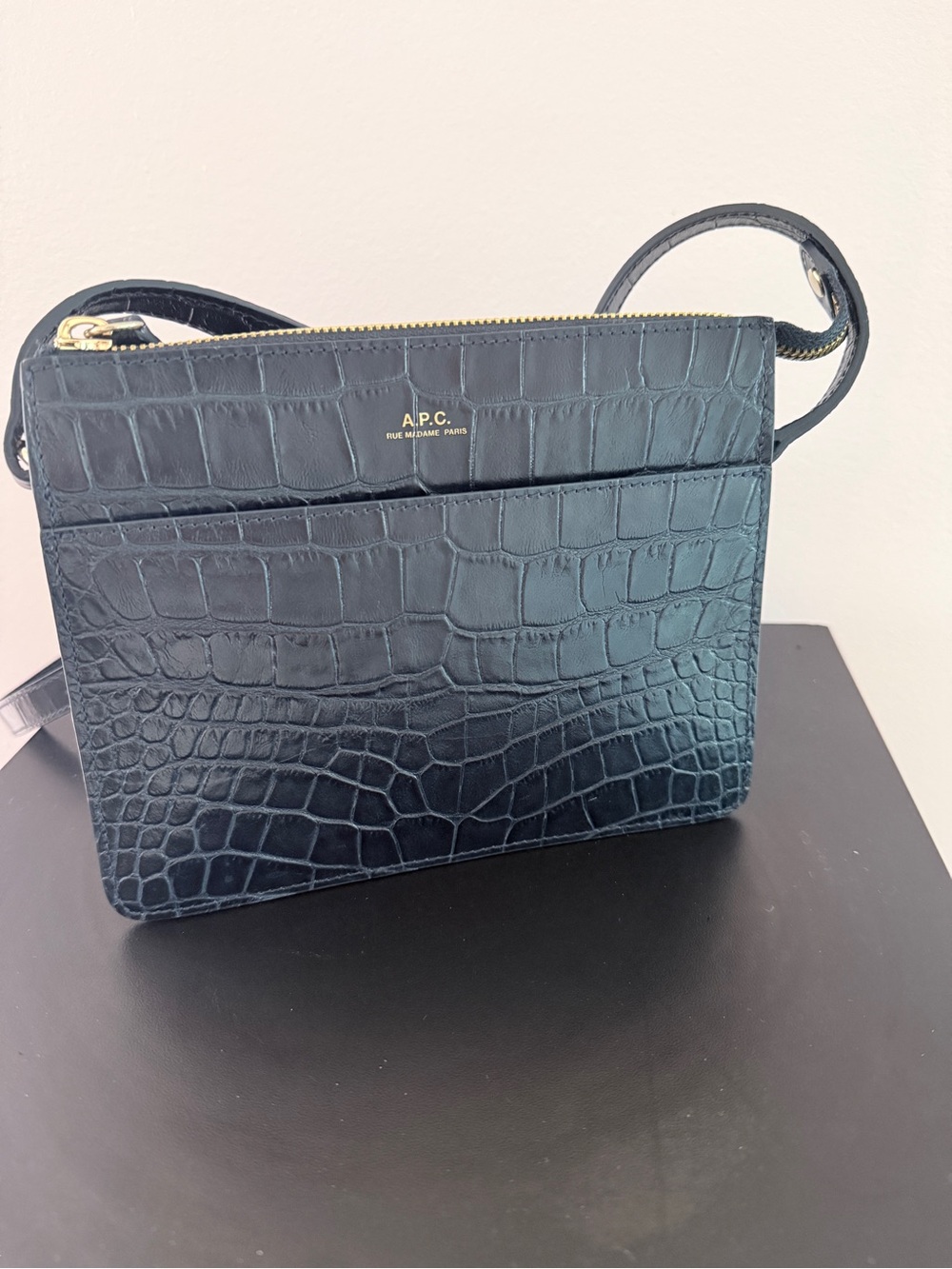 A.P.C. Navy Croc-Embossed Leather Crossbody Bag